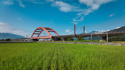 Kecheng Iron Bridge in Taiwan spanning lush rice fields under a bright blue sky