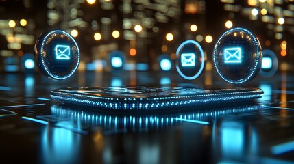 Futuristic email icons float above a digital platform.