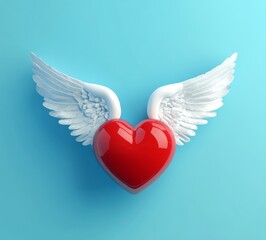 Red Heart with Angel Wings on Blue Background  
