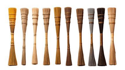 A traditional collection of wooden brooms that bring charm and utility to your home cleaning routine, isolated on transparent background.