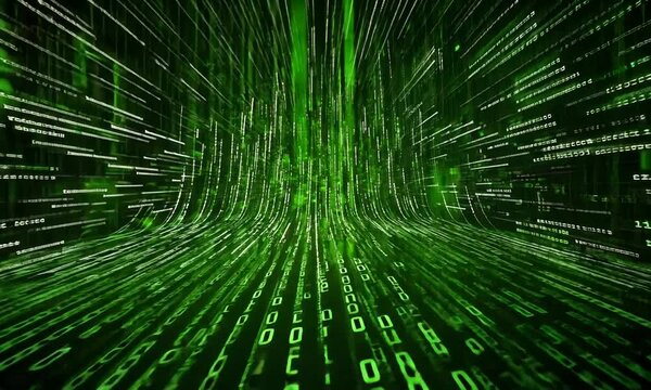 A dynamic digital landscape featuring flowing green binary code, creating an immersive tunnel effect that evokes a sense of technology and data processing.