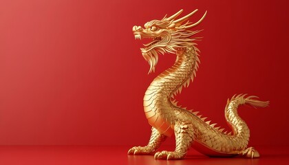Obraz premium Golden Dragon Sculpture on Red Background Symbol of Prosperity, Power, and Good Fortune