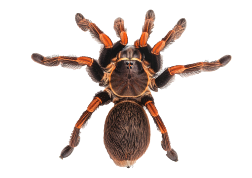 Top view of dorsal side Peacock tarantula, Poecilotheria metallica isolated on transparent or white background