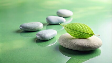 Serene stones and vibrant leaf on a tranquil green surface, representing peace, balance, and natural harmony.