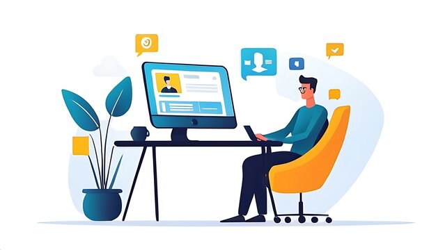 Flat illustration man is sitting at his desk in front of the computer, creating an online profile with vector illustrations on a white background business social media banner digital marketing logog, 