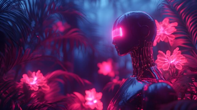 Futuristic robot in a vibrant tropical jungle setting, glowing with neon pink light.