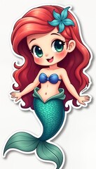 Adorable cartoon mermaid girl illustration. Cute design. Smiling character with long red hair, teal tail. Mermaid wears blue bow. Stands in profile. Isolated on white background. Suitable for