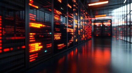 Futuristic server room with glowing data panels.