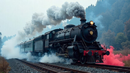 Obraz premium A train with multi-colored smoke in the colors of the Russian flag.