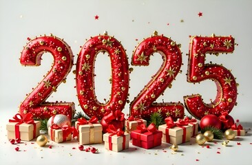2025 made of Christmas decorations.Balloons,toys,gifts and stars.