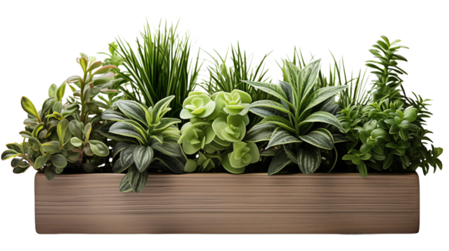 A natural wooden planter box housing lush plants. Bring the outdoors inside with this beautiful home decor element, isolated on transparent background.