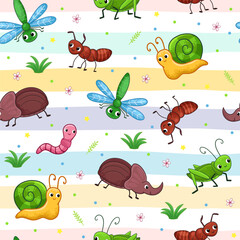 A playful seamless pattern with insects and a snail on a striped pastel background. Drawn in a cartoon style.