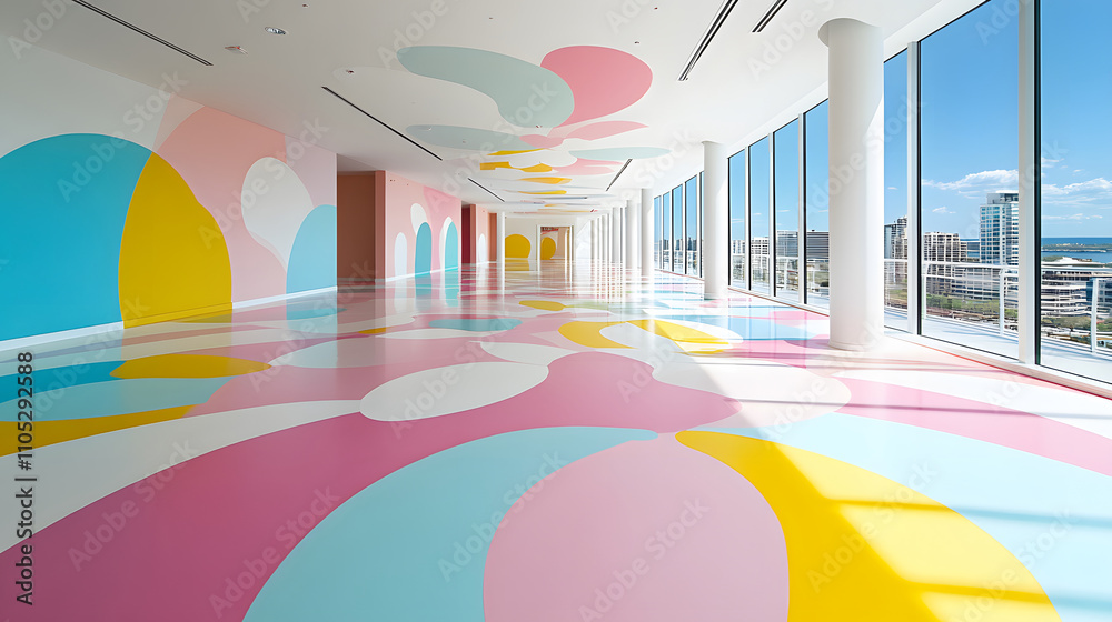 Poster a bright and airy interior space featuring colorful abstract patterns on the floor and walls, with l