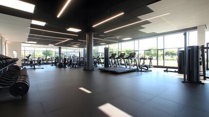 A modern gym interior featuring various exercise equipment, large windows, and a spacious layout filled with natural light
