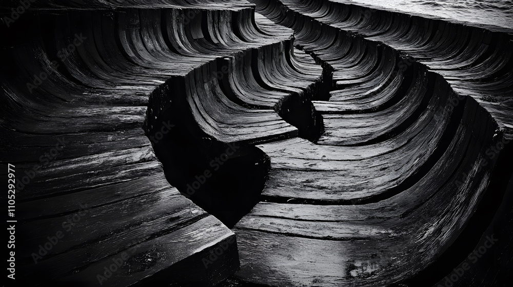 Poster a dramatic landscape featuring intricate, dark, swirling patterns that create a sense of depth and m