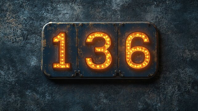 Vintage-style illuminated number sign displaying 136 against a dark textured background.