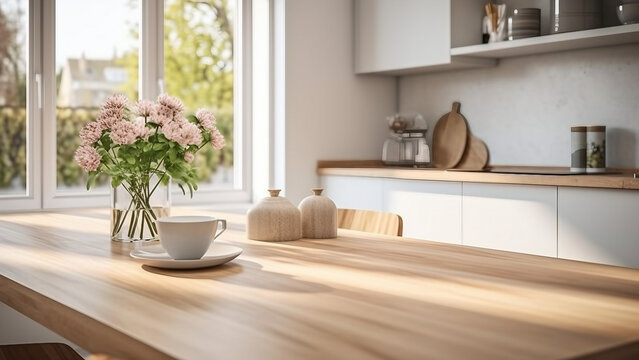 Modern kitchen table with flowers and coffee. Concept of cozy home, breakfast, and morning light.