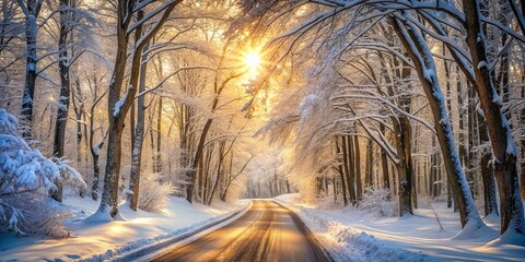 Serene winter sunrise on a snow-covered road through a tranquil forest