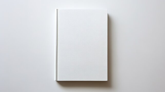 Blank white book on a grey background, centered, minimalist