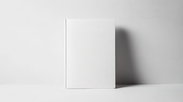 Blank white book standing on white surface with shadow