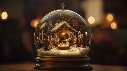 Snow Globe with Golden Base Featuring Nativity Scene