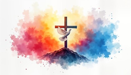 Colorful watercolor cross with dove of peace. Religious symbol on hilltop. Colorful sky background. Spiritual, religious image. Peaceful, hopeful message. Suitable for spiritual Christian themes.