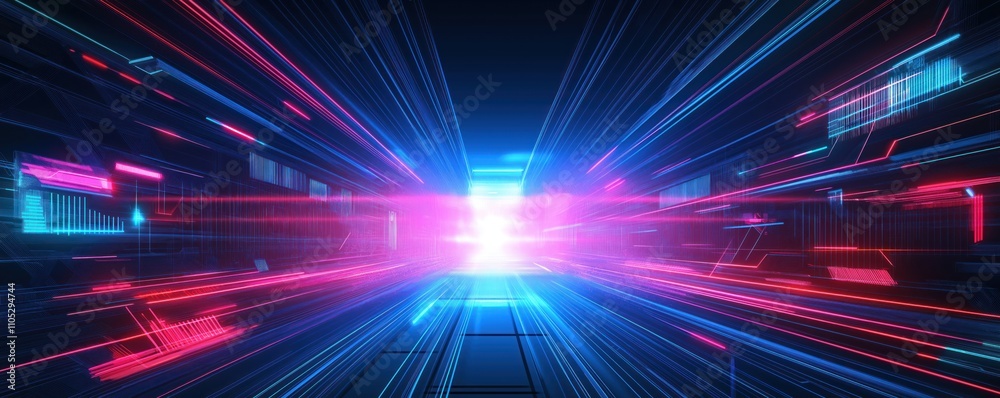 Poster futuristic tech tunnel with neon light effects. dynamic lines, glowing tech elements create sense of