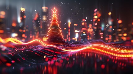 Glowing Christmas tree on digital wave over city lights.