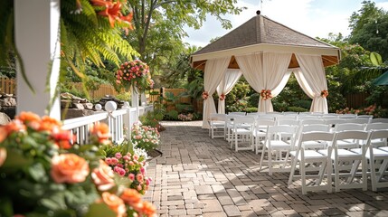 An elegant wedding reception setup featuring white folding chairs beautifully lined up under a decorated gazebo, surrounded by flowers and drapes.