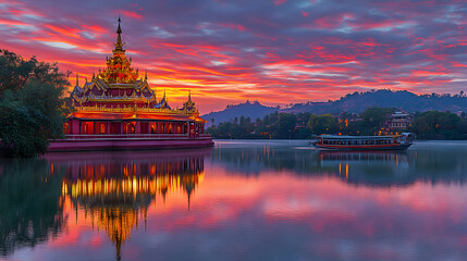 Fototapeta premium Stunning Sunset Reflects on Lake Temple, Boat Tranquilly Sails, Dramatic Sky Colors