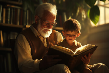 An elderly grandfather in glasses sits with his grandson and reads him a large book at home in the evening. The boy listens attentively