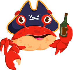 Cartoon crab animal pirate and corsair character with rum bottle. Isolated vector funny filibuster crustacean personage ready for adventures and jovial seaside escapade, exudes spirit of the high seas