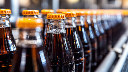 Row of cola bottles on a conveyor belt in a bottling plant