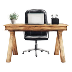 watercolor style wooden work desk with black leather chair and laptop on white background.