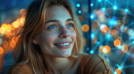 Fototapeta premium A beautiful smiling woman with long blond hair and blue eyes, standing on the terrace is looking a futuristic cityscape glowing with interconnected blockchain nodes.