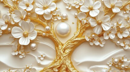 Luxury gold tree decorated with white flowers, pearls. 3D mural wallpaper design. Elegant floral pattern with golden branches. High quality AI generated image. Suitable for interior design projects.