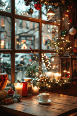 The super atmosphere coffee shop inside has a large window. Outside the window is a very gorgeous night view. There are Christmas decorations, candles, and lattes on the solid wood table in the shop.