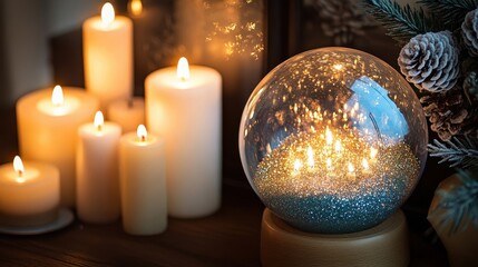 Glowing Snow Globe with Sparkles and Candles