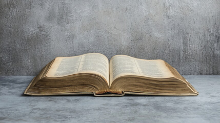 Open holy book on a grey surface with copy space