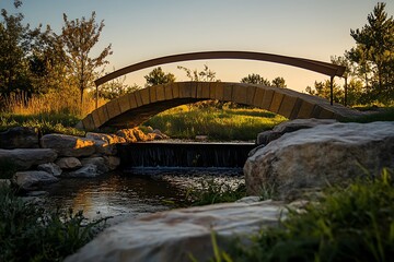 Obraz premium Stone Arch Bridge Over Serene Waterfall Landscape