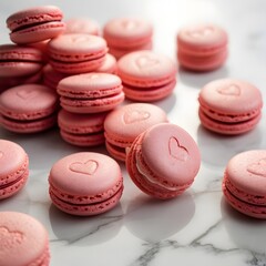 Obraz premium Elegant Pink Raspberry Macarons on Marble with Heart Shaped Decorations