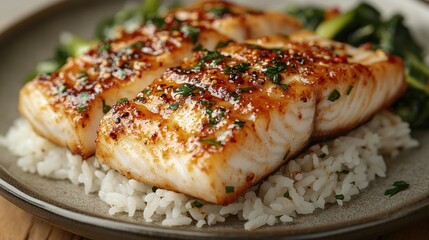 Grilled Barramundi fillet on a bed of jasmine rice, topped with a sweet chili glaze and served with a side of steamed bok choy