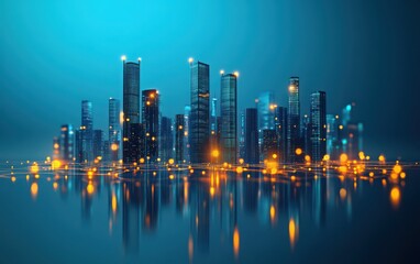 Obraz premium Detailed 3D isometric illustration of a smart cityscape with skyscrapers and glowing network lines, representing urban digital connectivity, set against a sleek blue background.