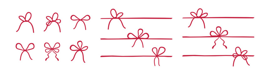 Gift bow for present icons set. Red bow gift ribbons minimal line set, vector drawing. 