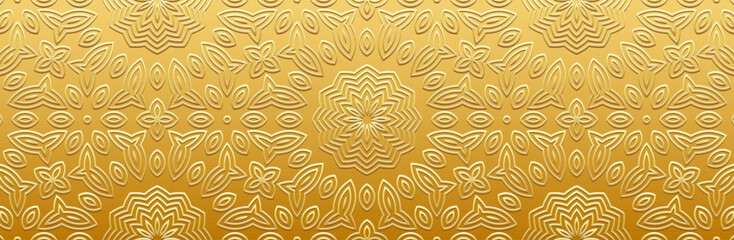 Banner, ethnic boho cover design. Geometric festive unique golden 3D pattern on a gold background, embossing. Ornaments, arabesques, mandala of the East, Asia, India, Mexico, Aztec, Peru.
