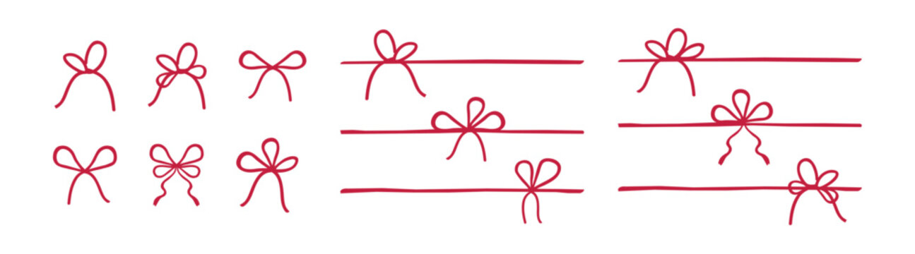 Gift bow for present icons set. Red bow gift ribbons minimal line set, vector drawing. 