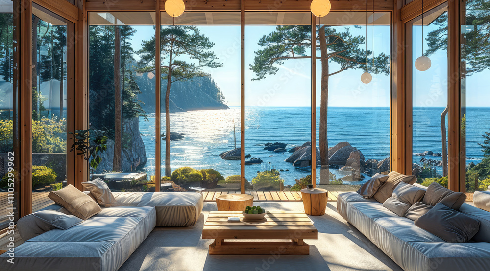 Poster A home with a huge window with views to the sea surrounded by pine trees.