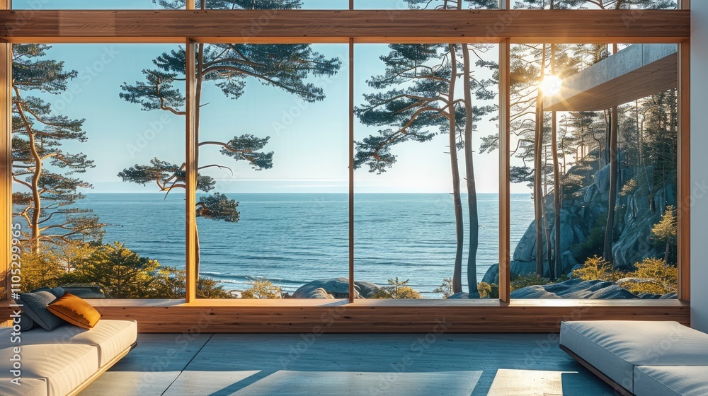 Poster A home with a huge window with views to the sea surrounded by pine trees.