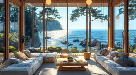Fototapeta premium A home with a huge window with views to the sea surrounded by pine trees.