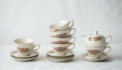 Fototapeta premium Exquisite ceramic tea sets, elegant artistic decoration, highlighting vintage charm